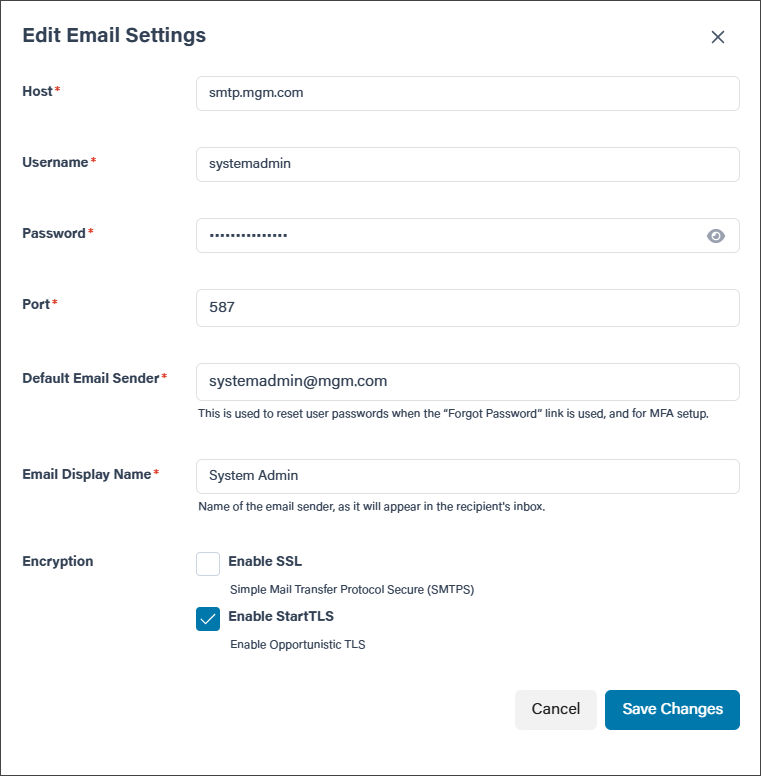 A filled-out form to edit email settings.