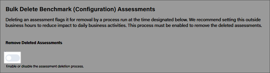 Callout to enable or toggle on the Remove Deleted Assessments field.