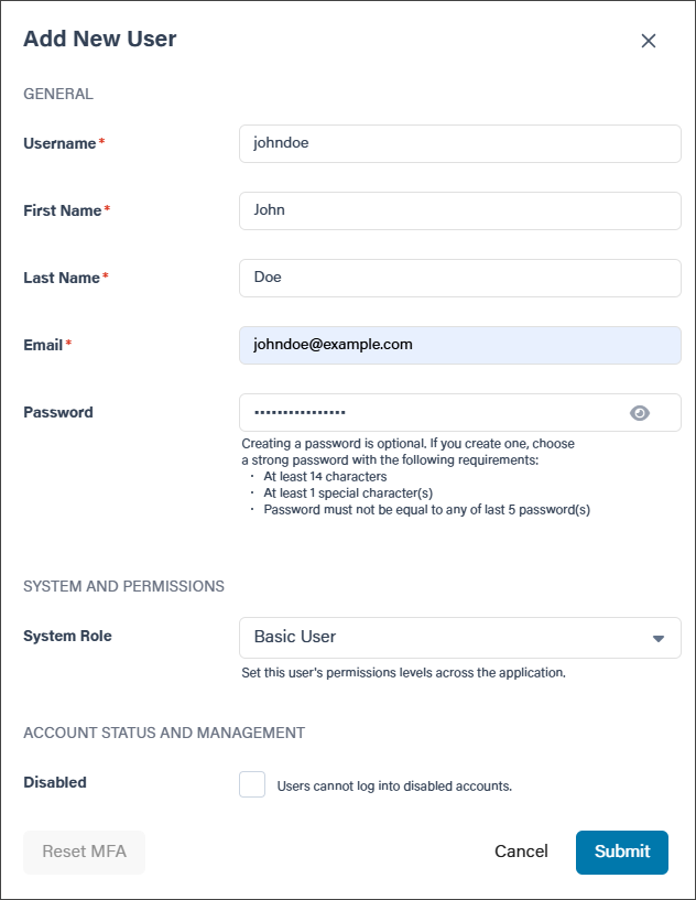 A filled-out form to add a new user.