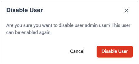 The Disable User window where you can cancel or confirm you want to disable the user.