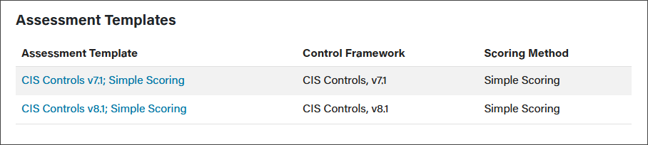 An interactive list of the assessment templates. CIS currently offers Controls v7.1 and v8.1.