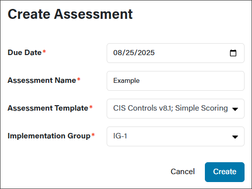 A filled-out form to create a Controls assessment.