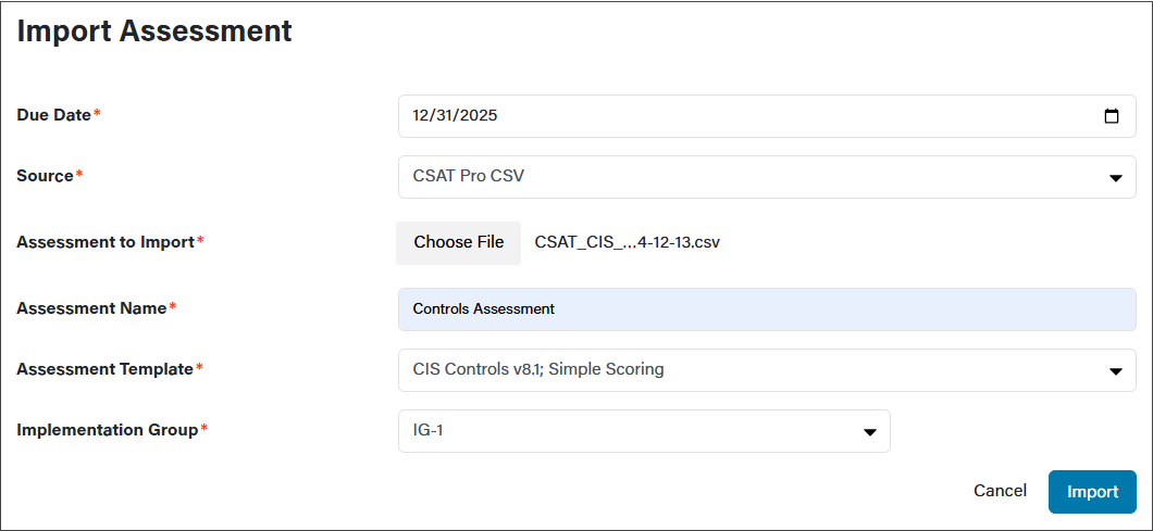 A filled-out form to import a Controls assessment.