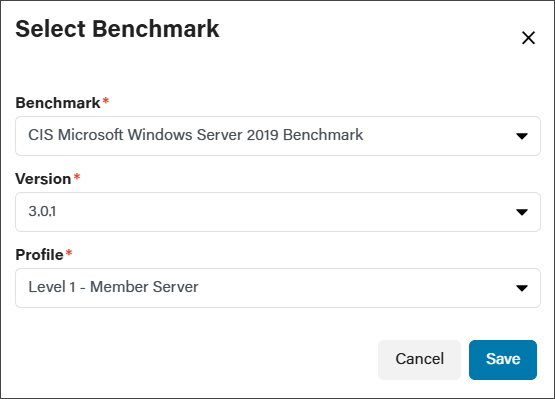 The Select Benchmark window with all of the dropdown fields filled.